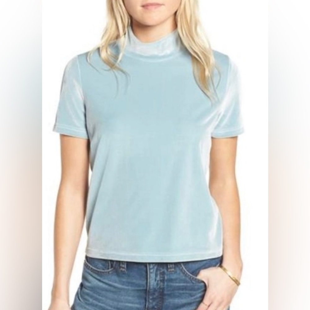 Madewell Light Teal Velvet Mockneck Elegant Chic Shirt Top size XS EUC
